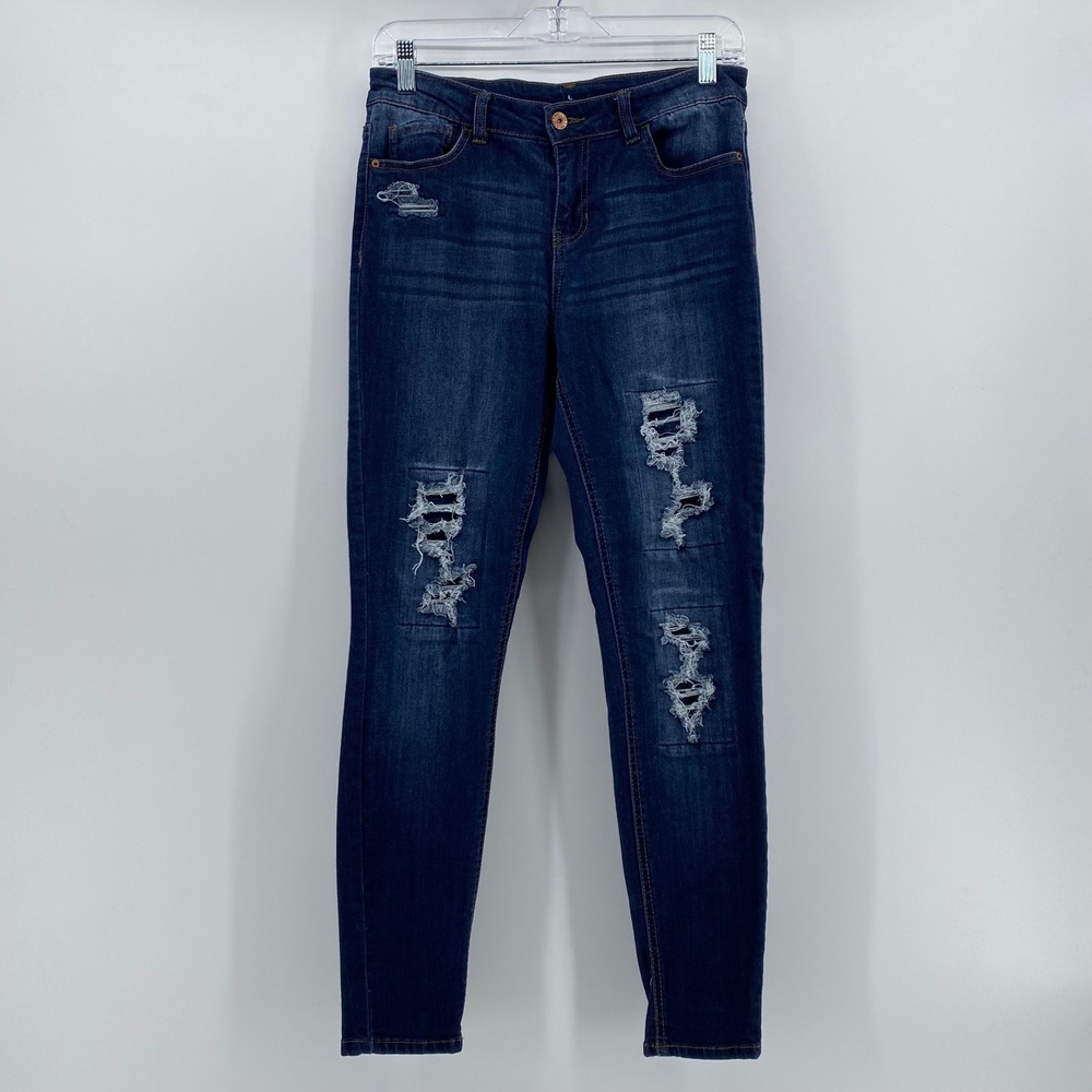 Vanilla Star Womens Distressed Skinny Jeans Dark Wash Ripped Size 11